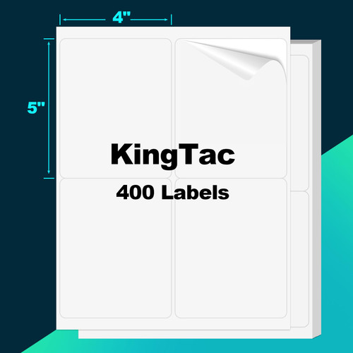 100 Sheets 400 Labels Totally,Kingtac 4"x5" 4 Up Shipping Address Labels for Laser & Inkjet Printers, Permanent Adhesive 4 per Page Shipping Labels, 1/4 Page Labels, 4 Labels per Sheet