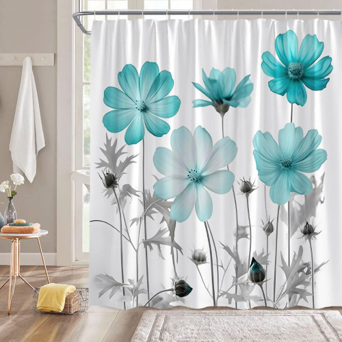 Teal Floral Shower Curtain Turquoise Daisy Flower Rustic Farmhouse Elegant Wildflower Botanical Plant Nature Fabric Decorative Bathroom Curtains with Hooks,Teal Gray