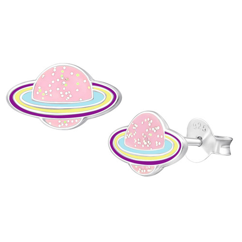 11mm Saturn Planet Earrings 925 Sterling Silver Dainty Studs Push Back -PINK
