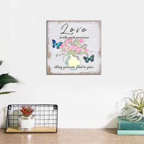 Love Is The Most Precious Thing You Can Find Wooden Sign, Butterfly Hanging Sign Plaque, Saying 6" x 6" Wood Plaque, Floral Hanging Wall Art Decor for Office Living Room Bedroom Dinning Room