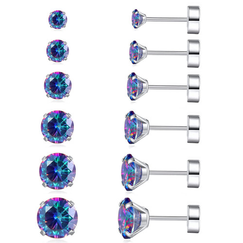 6 Pairs Stud Earrings Set, Hypoallergenic Cubic Zirconia Earrings 316L Stainless Steel CZ Earrings 3-8mm, Cubic Zirconia