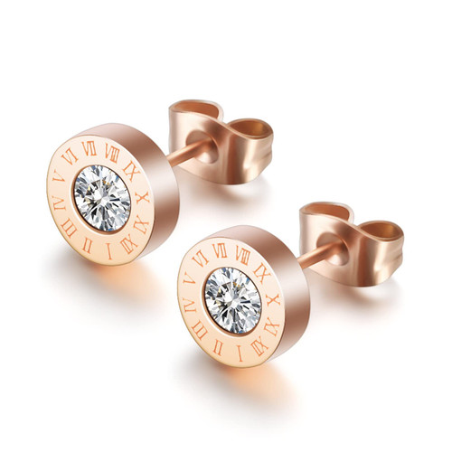 Numeral Cubic Zircon Stud Earrings Set, Stainless Steel Round Ear Pierced Earrings Jewelry for Women Girls Silver/Gold/Rose Gold,rose