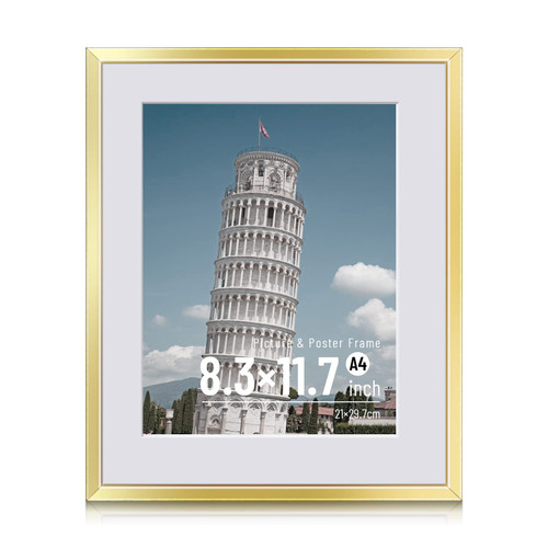 A4 Gold Aluminum Poster Frame, 8.3x11.7 Inch Display Metal Pictures Gallery Wall Frame - Horizontal and Vertical Wall Mounting Included Hanging Hardware (1Pack)