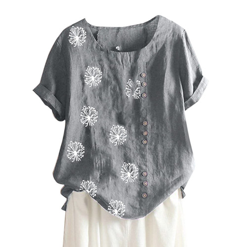 Women Casual Tops Cotton Linen, Trendy Dandelion Print Round Neck Buttons T Shirt Short Sleeve Plus Size Tees Blouses