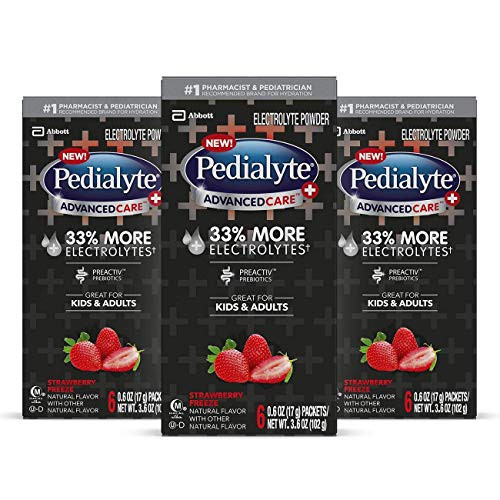 Pedialyte AdvancedCare Plus Electrolyte Powder, with 33% More Electrolytes and  PreActiv Prebiotics, Strawberry Freeze, Electrolyte Drink Powder Packets, 0.6 oz (18 Count)