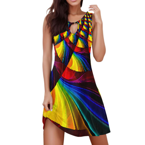 Dresses for Women 2024 Casual Swing Dress,Women Summer Loose Dress Sleeveless Floral Print Hollow Out V Neck Casual Beach Dress Mini Draping Dresses Airport Travel Outfit (Yellow, XL)