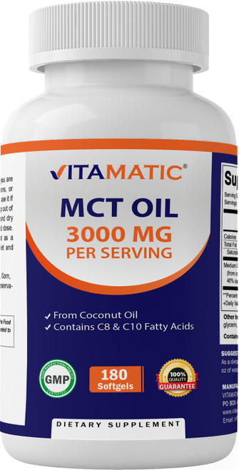 MCT Oil 3000 mg per Serving - 180 Softgels - from Coconut Oil - Contains 55% caprylic Acid C8 and 40% capric Acid C10