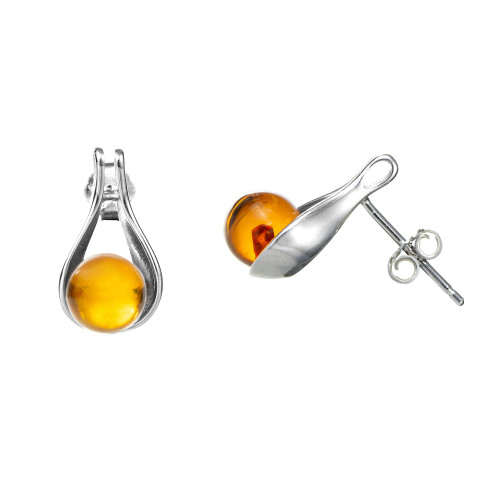 Genuine Baltic Amber Boots Stud Ball Earrings for Women in Sterling Silver, Rich Cognac Color