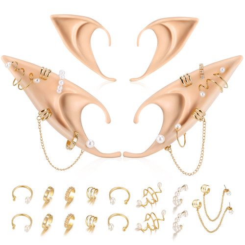 Elf Ears with Piercings Earring Cuffs Set - Cosplay Fairy Pixie Ears with Pearl Earrings Chain Set, Non-Piercing Cartilage Ear Clip for Halloween Renaissance Photoshoot