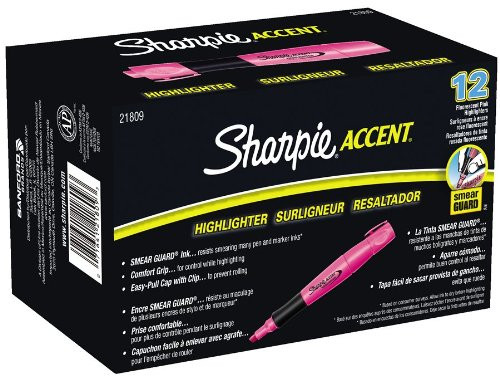 Sharpie Accent Grip Highlighters, Fluorescent Pink, Chisel Tip, Box of 12 (21809)