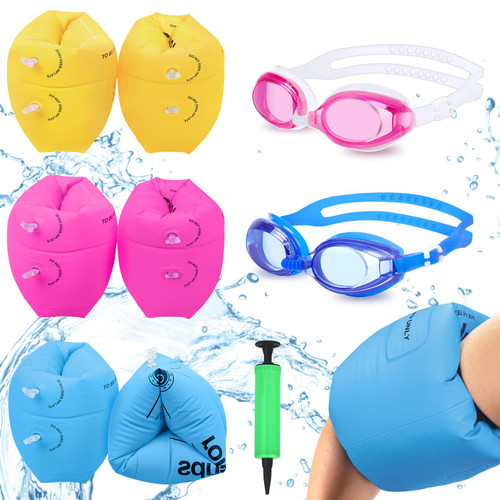 6 Pack Arm Floaties for Adults and Kids, PVC Inflatable Swimming Floats Arm Bands with 2 Swimming Goggles, Kids Floaties for Pool Summer Party
