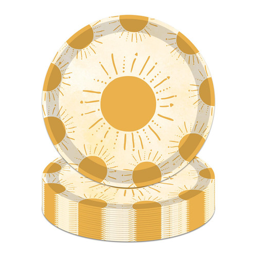 30PCS Boho Sun Party Plates First Trip Around the Sun Birthday Decorations Boho Sun Plates Bohemian Hippie Sunshine Birthday Party Supplies Paper Food Trays Boho Sun Baby Shower Decorations (9 Inch)