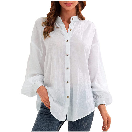Womens Cotton Linen T-shirt Tops Summer Solid Button V Neck Comfy Shirts Long Sleeve Casual Loose Fit Blouses