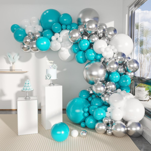 Teal Blue Silver White Balloons Garland Arch Kit, 141Pcs Latex Balloons Different Sizes 18 12 10 5 Inch for Birthday Party Graduation Baby Shower Wedding Holiday Balloon Decoration