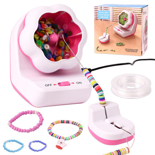 Automatic Clay Beads Bowl, Electric Bead Spinner for Bracelets Making, Clay Bead Spinner with Needle and Thread for Jewelry Making, Necklace, Waist Crafts (Pink)