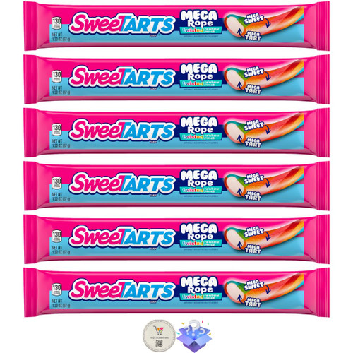 SweeTarts Chewy Nostalgic Candy Pack + Bonus Mystery Gift (Pack of 6, Twisted Rainbow Punch Mega Filled Ropes)