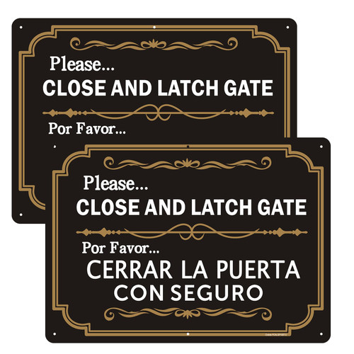 2 Pack Please Close and Latch Gate Sign Bilingual English Spanish Keep Gate Closed Signs, 10" x 7" Rust Free Aluminum Metal Door Sign, UV Protected and Weatherproof, Durable Ink