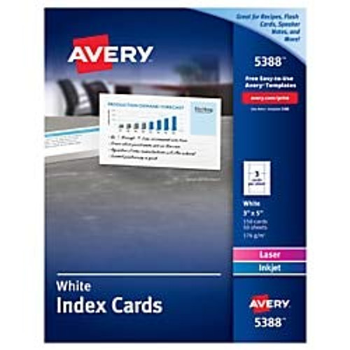 Avery Laser and Inkjet Index Cards, 3" x 5", Box of 150