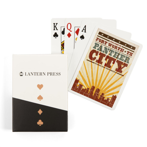 Fort Worth, Texas, Skyline and Sunburst Screenprint Style (52 Playing Cards, Poker Size)