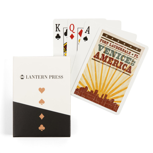 Fort Lauderdale, Florida, Skyline and Sunburst Screenprint Style (52 Playing Cards, Poker Size Card Deck with Jokers)