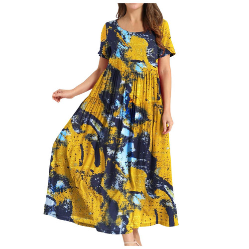 Boho Dresses for Women 2024, Trendy Flowy Maxi Dress Floral Printed Boho Sundresses Short Sleeve Long Summer Beach Swing Dresses Wedding Guest Dresses