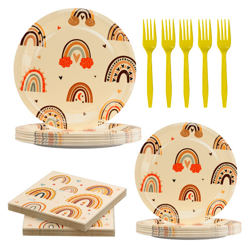 120 Pcs Boho Rainbow Party Supplies Bundle Paper Dinner Dessert Plates Napkins Forks Boho Rainbow Party Birthday Decorations For Kids Serves 30