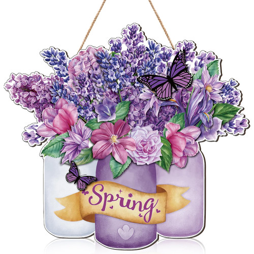Lavender Spring Door Sign Hello Spring Purple Welcome Sign Bottle and Flowers Wreath Rustic Wall Hanger Spring Easter Bloom Butterfly Wooden Door Decoration for Front Door Porch
