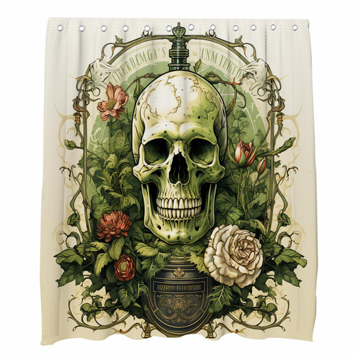 Sugar Skull Flower Shower Curtain Gothic Skeleton Vintage Floral Green Leaf Bath Curtain Halloween Theme Bathroom Decor Set Machine Washable Waterproof Fabric 72 x 72 Include Hooks