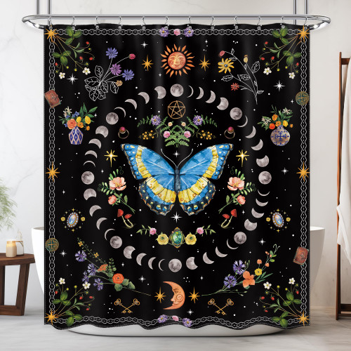 Moth Shower Curtain 60Wx72H Inch Witchy Moon Phase Butterfly Gothic Floral Boho Sun Stars Plant Mystic Shower Curtain Bathroom Set Wildflower Waterproof Bath Decoration Accessories Home Decor
