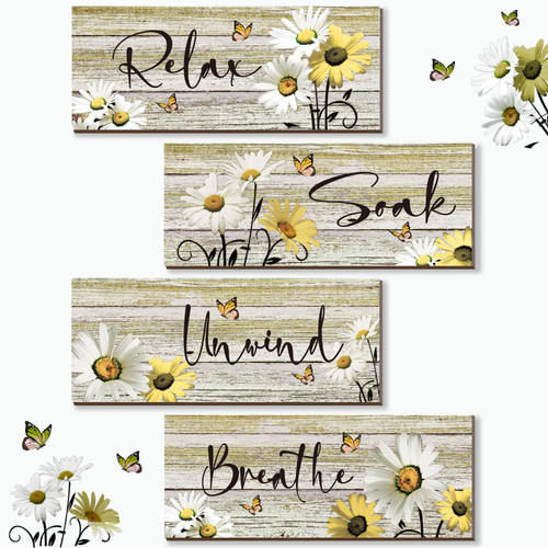 4 Pcs Farmhouse Yellow Bathroom Wall Decor Yellow Daisy Floral Flowers and Butterfly Yellow Wall Art Relax Soak Unwind Breathe Rustic Wood Plaque for Kitchen Home Bedroom(Yellow,10 x 4 Inch)