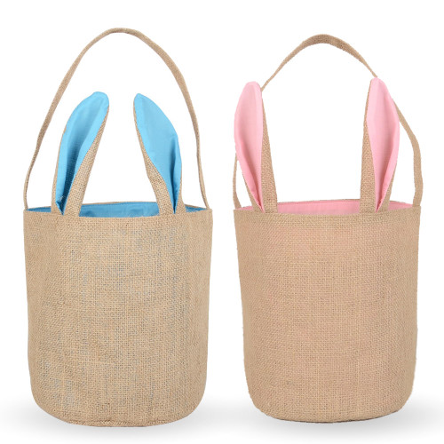 2PCS Easter Bunny Basket Burlap Buckets,Bunny Jute Easter Baskets Bags,Pop Burlap Easter Bunny Ear Bag For Kids Boys Girls Easter Egg Hunt Baskets(Blue-Pink)