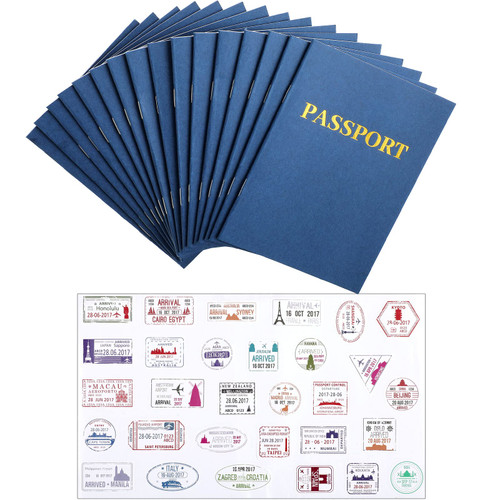 16 Pieces Passport Sticker Book Sticker Collection Book Passports Blank Book Notebook (4.25x5.75 in) and 30 Pieces Passport Stamps Sticker Kids Party Favors