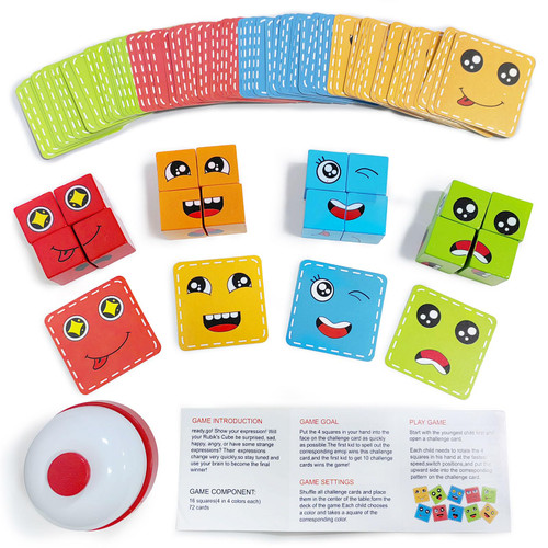 Face Changing Building Blocks Game, Wooden Expression of Face Change Magic Cube Educational Puzzles Toy Fidget Toys Cube Mini Board Game for Kids and Adults with 72 Cards (Medium)