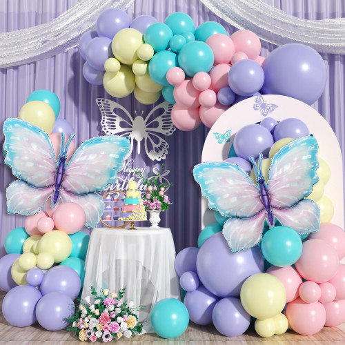 Butterfly Balloon Garland Arch Kit,120pcs Purple Pink and Blue Balloon Garland Arch Kit with 2Pcs Butterfly Foil Balloons for Girls Baby Shower Butterfly Theme Birthday Party Decorations
