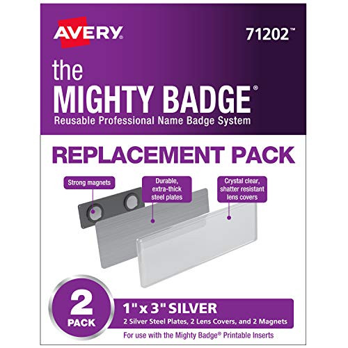 The Mighty Badge by Avery, 1" x 3" Magnetic Name Tag Replacement Pack, 2 Silver Name Tags (71202)