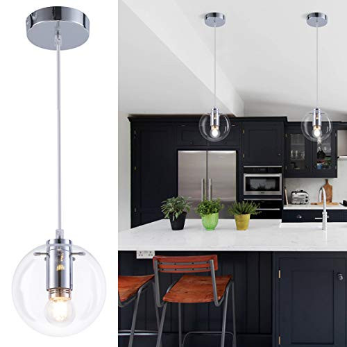 Industrial Glass Orb Pendant Lighting Globe Shape Contemporary Foyer Chandelier 1-Light Hanging Lights Fixture for Kitchen Island Living Dining Room Bedroom Chrome 5.9? by Bewamf