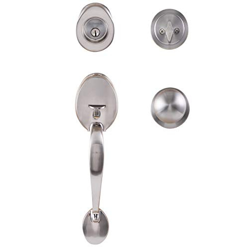 Single Cylinder Handle Set with Lever Door Handle (for Entrance and Front Door) Reversible for Right and Left Handed and a Single Cylinder deadbolt Handle Set Satin Nickel Finish