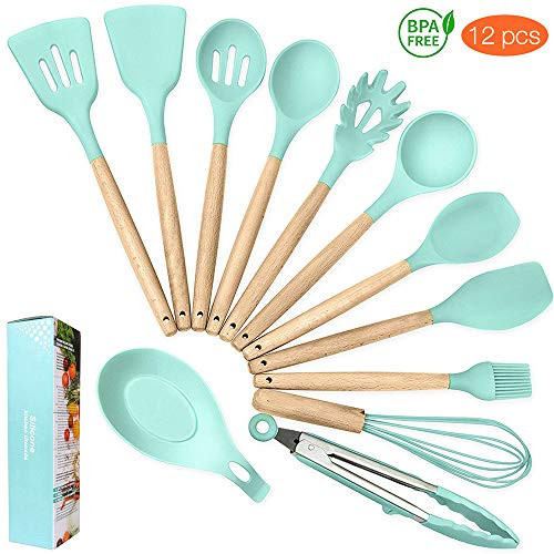 Silicone Cooking Kitchen Utensil Set,Vermida 12-Piece Non-stick Cookware Utensil Set,Kitchen Gadgets Utensil Set with Wooden Handles and Silicone,Heat-Resistant Kitchen Utensils Tools for Cooking