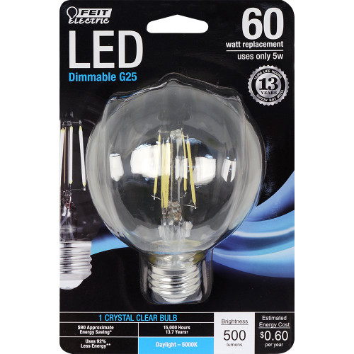 Feit Electric BPG2560/850/LED 60W Equivalent White G25 Globe Daylight Dimmable LED Light Bulb