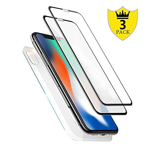 Gold [3-Pack] iPhone X Front and Back Glass Screen Protectors, Full Coverage [Case Friendly] iPhone X Screen Tempered Glass Rear Protector Tempered Glass 2 Pack for Apple iPhone X Black (2017)