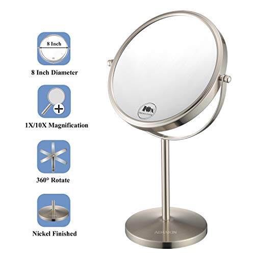 Vanity Makeup Mirror - 8'' Tabletop Mirror 10x Magnifying Two-Sided Swivel Cosmetic Mirror Nickel Finished ALHAKIN Vanity Makeup Mirror - 8'' Tabletop Mirror 10x Magnifying Two-Sided Swivel Cosmetic Mirror Nickel Finished ALHAKIN