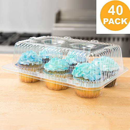 40 High Dome Cupcake Boxes | 6 Compartment Clear Plastic Cupcake Carrier - Durable Cupcake Holders | Disposable Cupcake Container Muffin Trays | Cup Cake Packaging Transporter