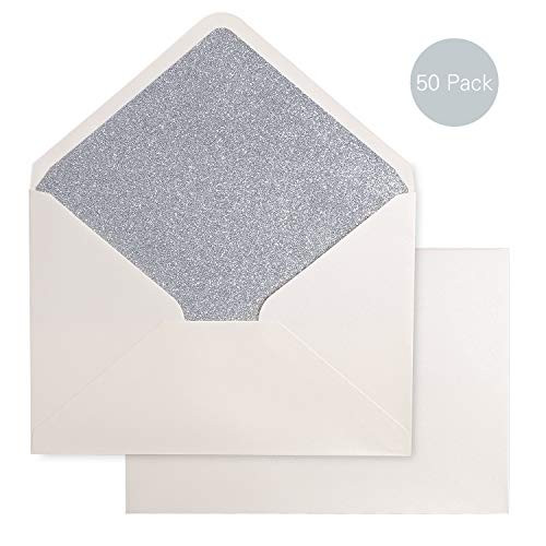 PONATIA 50 PCS/Pack A7 Silver Glitter Envelopes,5.25 x 7.5 inches with Adhesive Self-Sealing Tape, Perfect for 5''x7'' Weddings, Invitation Cards,Graduation Invite (Pearl Ivory+Silver Glitter)