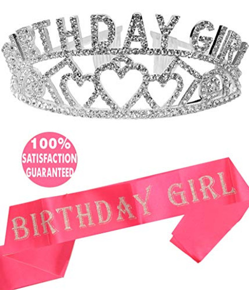 Birthday Girl Sash and Tiara, Birthday Girl Sash and Crown, Happy Birthday Party Supplies, Favors, Decorations 13th, 16th, 21st, 30th, 40th, 50th, 60th, 70th, 80th, 90th Birthday (Silver)