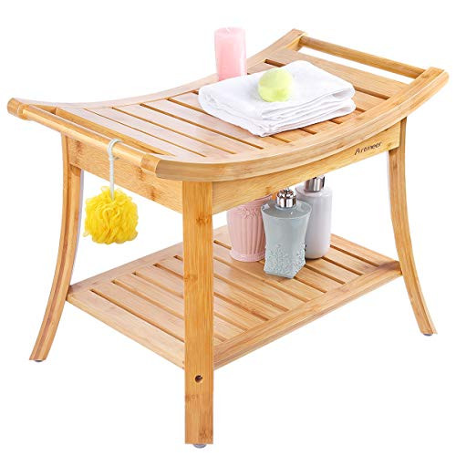 Shower Bench with 2-Tier Storage Shelf,Deluxe Bamboo Shower Bench Bath Stool Applicable to Bathroom or Living Room