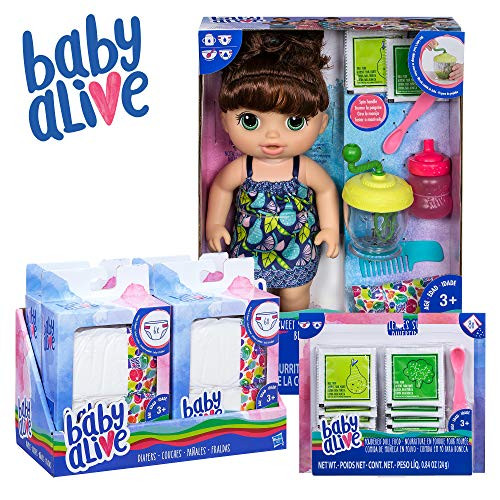 Baby Alive Sweet Spoonfuls Baby Brown Hair Doll, Bundle Exclusive, Powdered Food and Diaper Refill, Toy for Kids 3 Years Old and Up