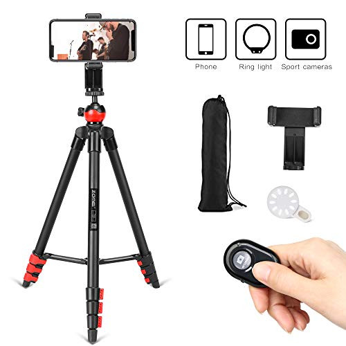 ZOMEI Phone Tripod, Video Tripod for Cellphone,Travel Selfie Tripod for Samsung, Huawei,iPhone,Camera and Gopro with Bluetooth Remote Control Smartphone Mount and Mini Phone Fill Light