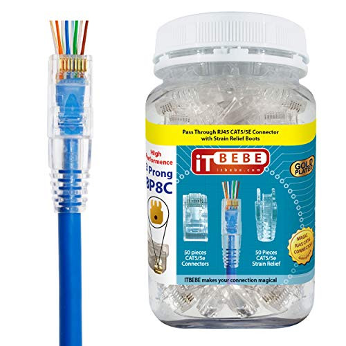 Gold Plated end Pass Through RJ45 Cat5 cat5e Connector and Strain Relief by itbebe (Cat5/5e 50+50 Pieces)