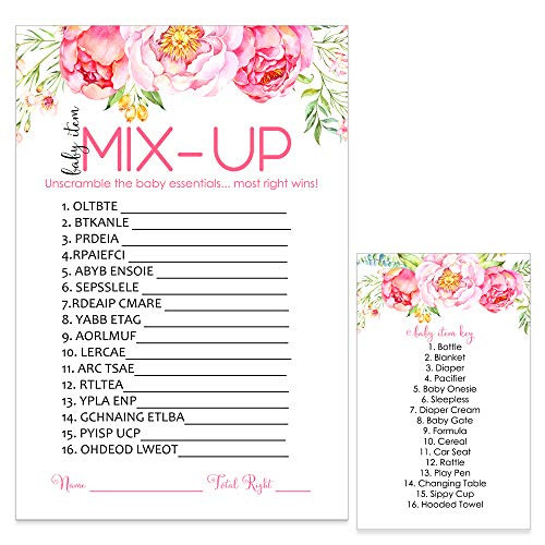 Floral Baby Shower Games Word Scramble Guest Trivia Cards (25 Pack)