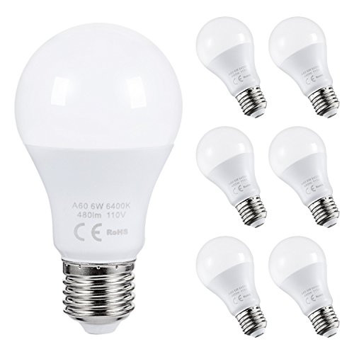 AED Lighting 6 Pack Daylight LED Bulbs A19 LED Light Bulbs 60W Equivalent Medium Edison Screw Base E26 Bulb Non-Dimmable 6W 480lm 6400K for Home Ceiling Fan, Office, Living Room